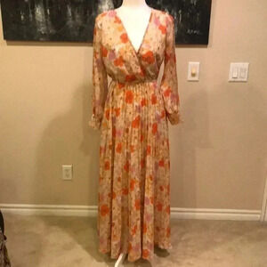 Indigo Rose Spring Flowers Chiffon V Neck Sheer Long Sleeve Pleated Dress-Size S
